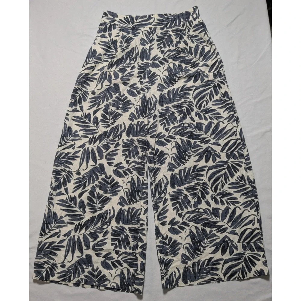 MNG MANGO Women Small Blue Ivory Linen Blend‎ AOP Pull-on Wide-Leg Cropped Pants